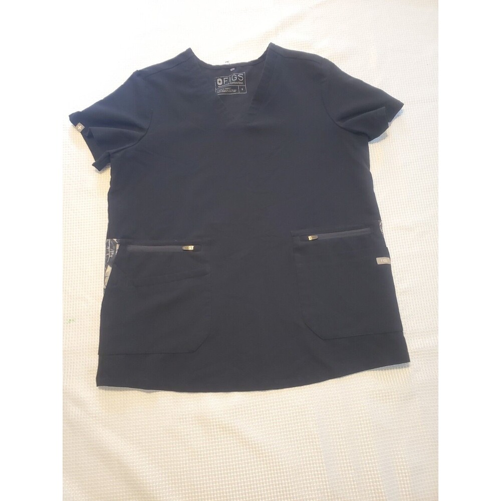 Figs Womens Black Sz S Short Sleeve Top Multi Pocket Feather Accents